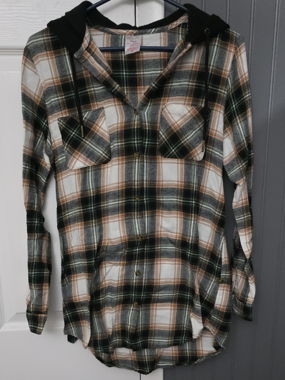 No Boundaries Plaid Hooded Button-Down Shirt - Black, Green, Cream